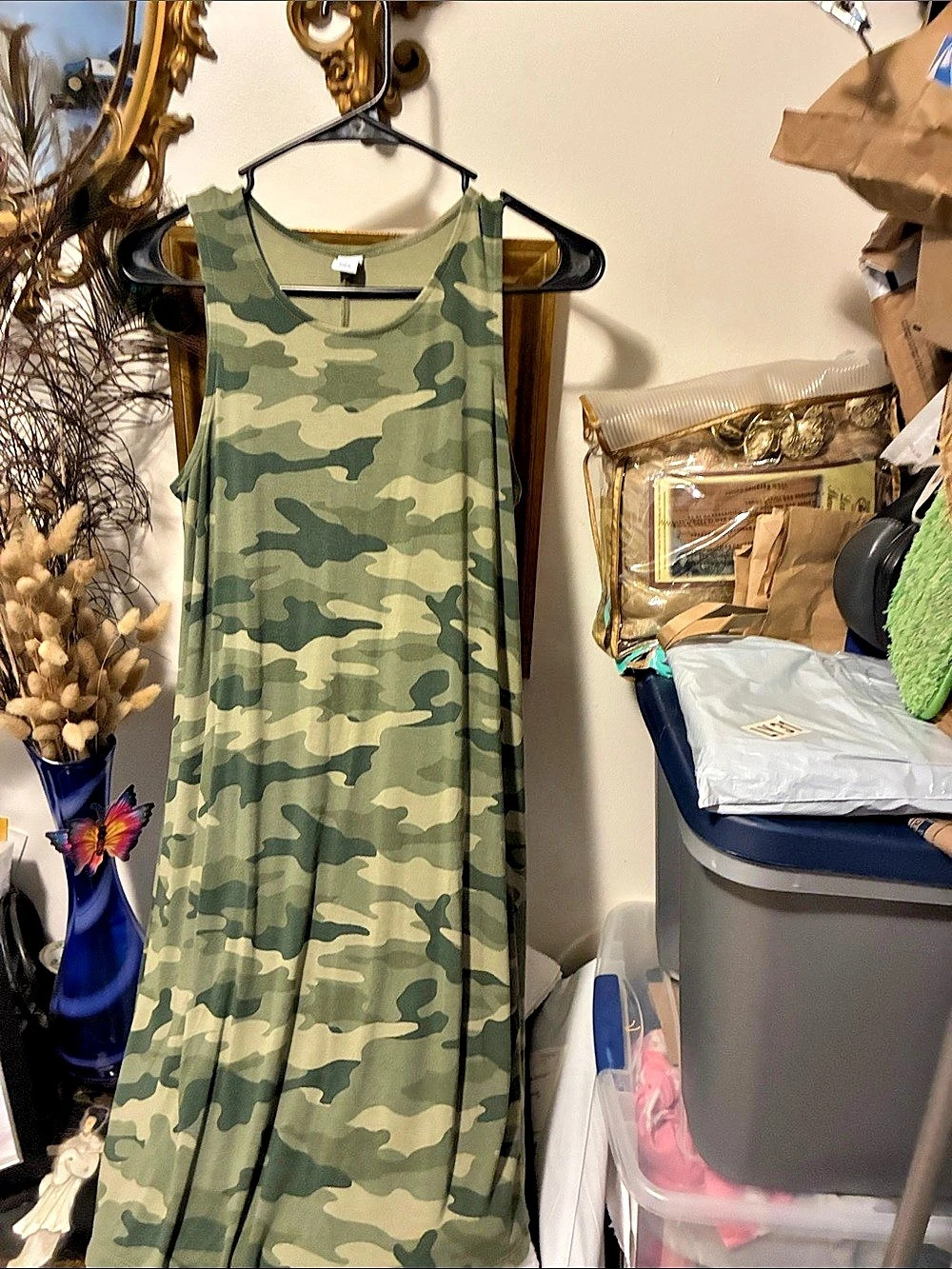 Old Navy Fitted Midi Tank Dress Camo Green Small